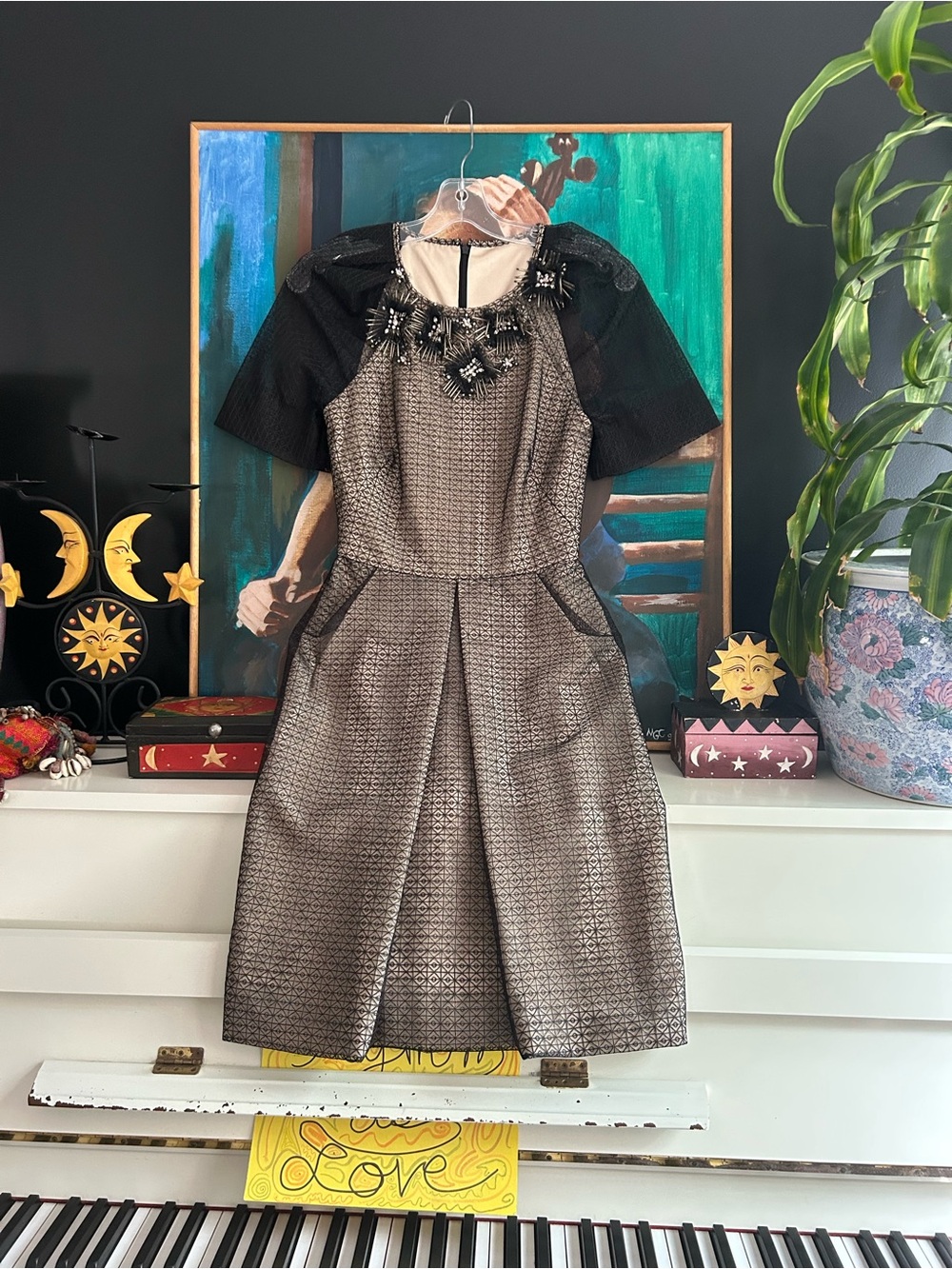 Black Gold Brocade Fit & Flare Midi Dress Beaded Statement Neckline XS